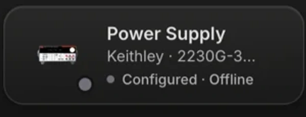 An instrument card in the dock reading Power Supply, Keithley 2230G-3, with a grey status dot and the words Configured and Offline.