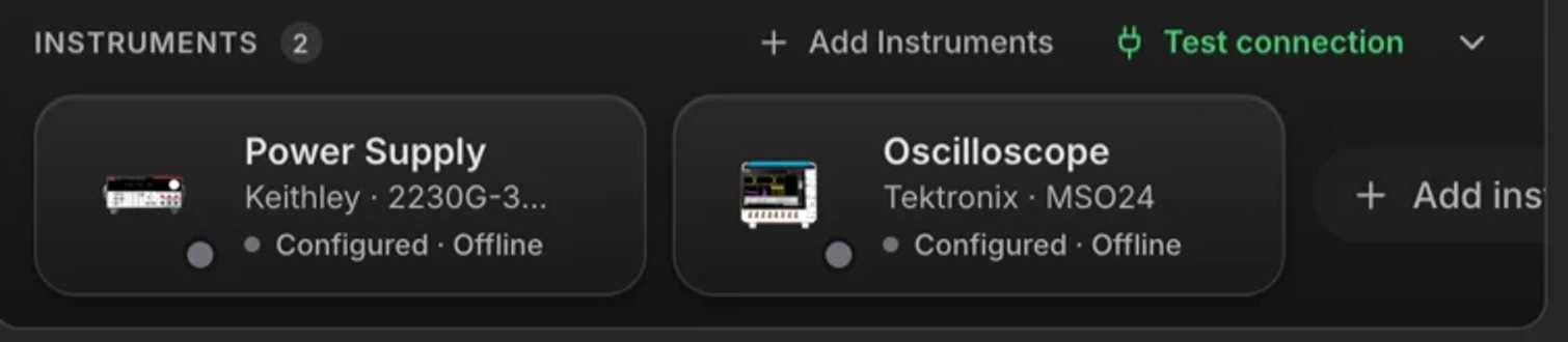 The instrument dock with a Keithley power supply and a Tektronix oscilloscope configured.