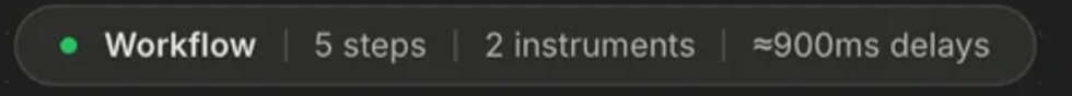 A summary chip above the workflow reading: Workflow, 5 steps, 2 instruments, approximately 900 milliseconds of delays.