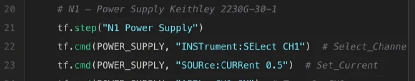 Generated Python sending INSTrument:SELect CH1 with the trailing comment Select_Channel.