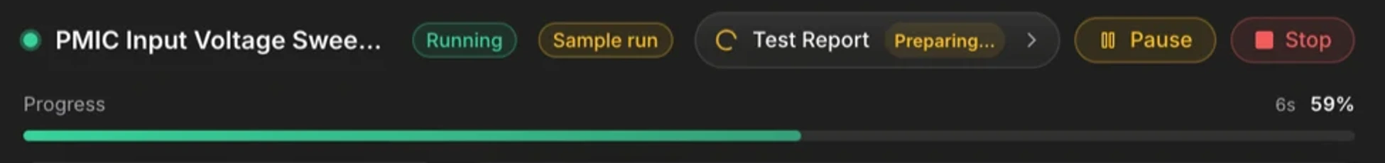 The Executor run bar with the workflow name, a Running badge, a Sample run badge, and Pause and Stop controls above a progress bar.
