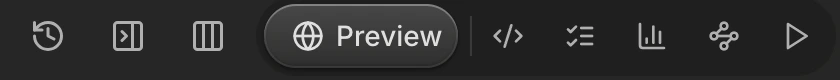 The builder toolbar's centre cluster: history, expand and three-pane icons, then six pane pills reading Preview, Code, Plans, Report, Schematic and Executor, with Preview active.