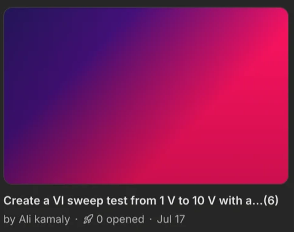 A single template card: a coloured preview tile, the title Create a VI sweep test from 1 V to 10 V, the author Ali Kamaly, a count of how many times it has been opened, and a date.