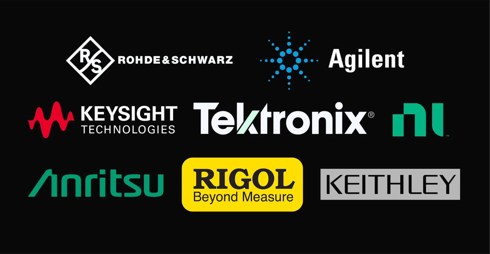 Supported instrument vendors: Rohde & Schwarz, Agilent, Keysight, Tektronix, NI, Anritsu, Rigol, and Keithley