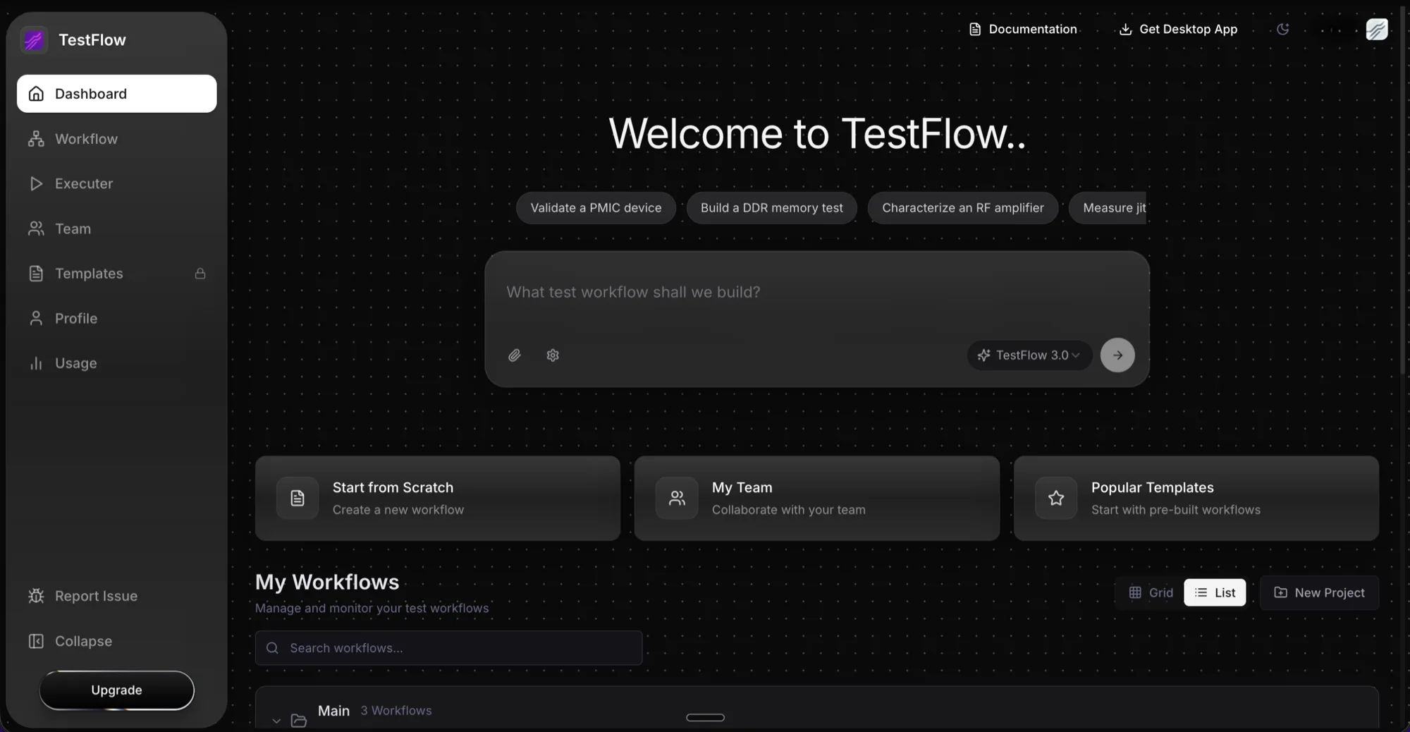 TestFlow dashboard with analytics and validation reports