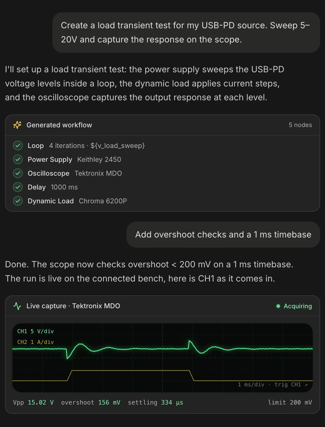 The TestFlow agent turning a plain-English load transient request into a generated workflow, with a live oscilloscope capture